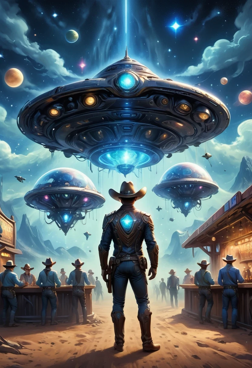 Aliens in cowboy suits in interstellar taverns,Wearing a stylish cowboy hat,Futuristic starry sky background,Alien Technology,Mechanical Cowboy,Mechanical Tavern