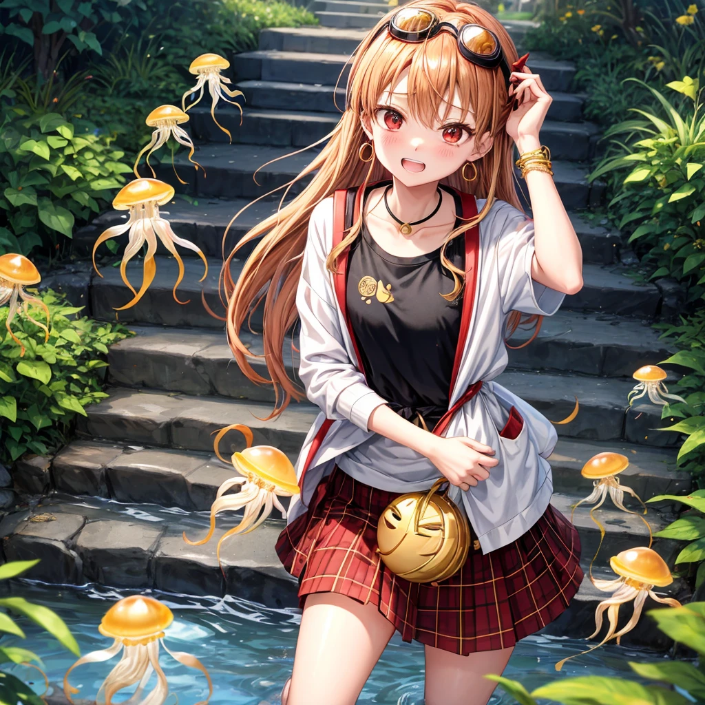 Brown, red, gold, golden hair、red eyes、One good looking girl、solo、anime、plaid mini skirt、black camisole、Black T-shirt、hoodie、Wearing a ribbon、Ribbon on waist、Crystal Earrings、treasure石のネックレス、Light and shadow、Tilting face、teeth are visible、pillar、Kind Face、Kuroko、Diamond dust、grassland、Water running down the stairs、Overflowing、Ants are walking、sulking、is increasing、treasure、Hope、wearing goggles on head、jellyfish、Carrying a backpack