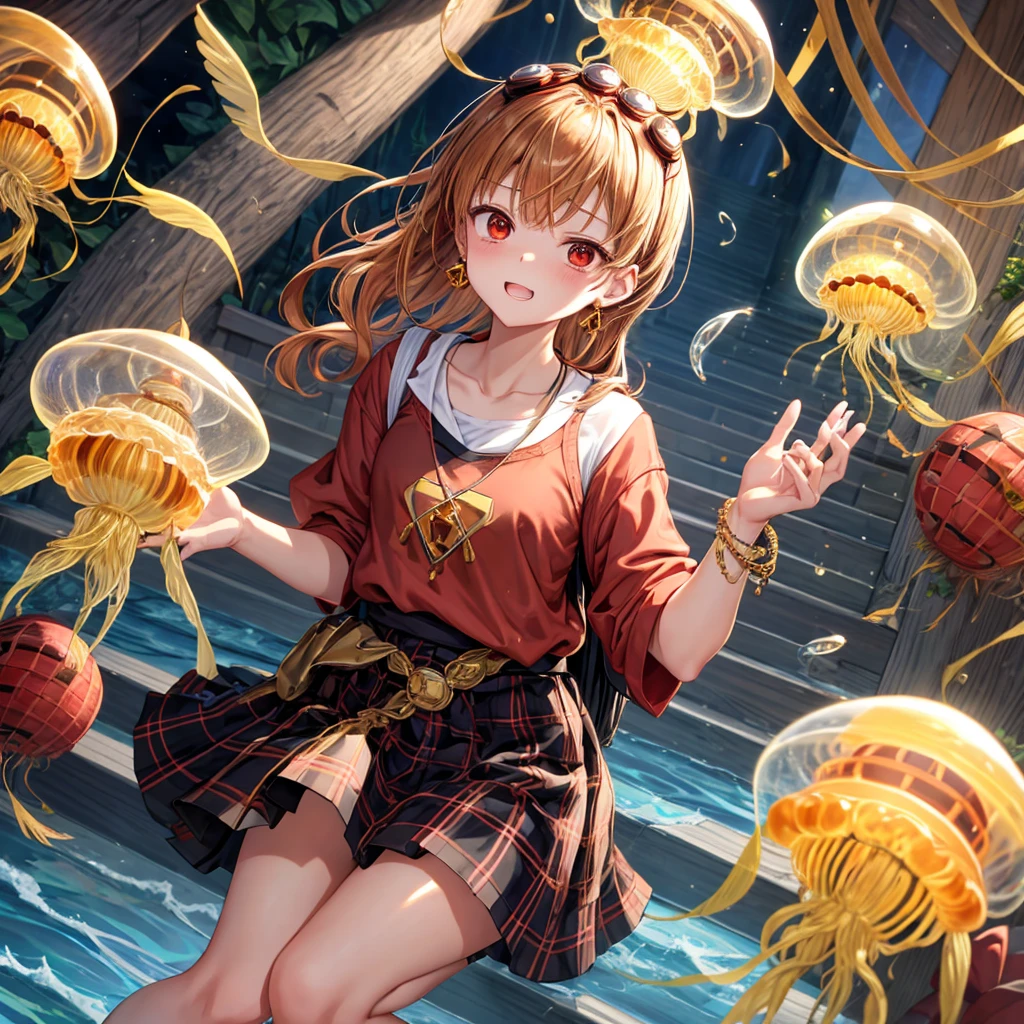 Brown, red, gold, golden hair、red eyes、One good looking girl、solo、anime、plaid mini skirt、black camisole、Black T-shirt、hoodie、Wearing a ribbon、Ribbon on waist、Crystal Earrings、treasure石のネックレス、Light and shadow、Tilting face、teeth are visible、pillar、Kind Face、Kuroko、Diamond dust、grassland、Water running down the stairs、Overflowing、Ants are walking、sulking、is increasing、treasure、Hope、wearing goggles on head、jellyfish、Carrying a backpack