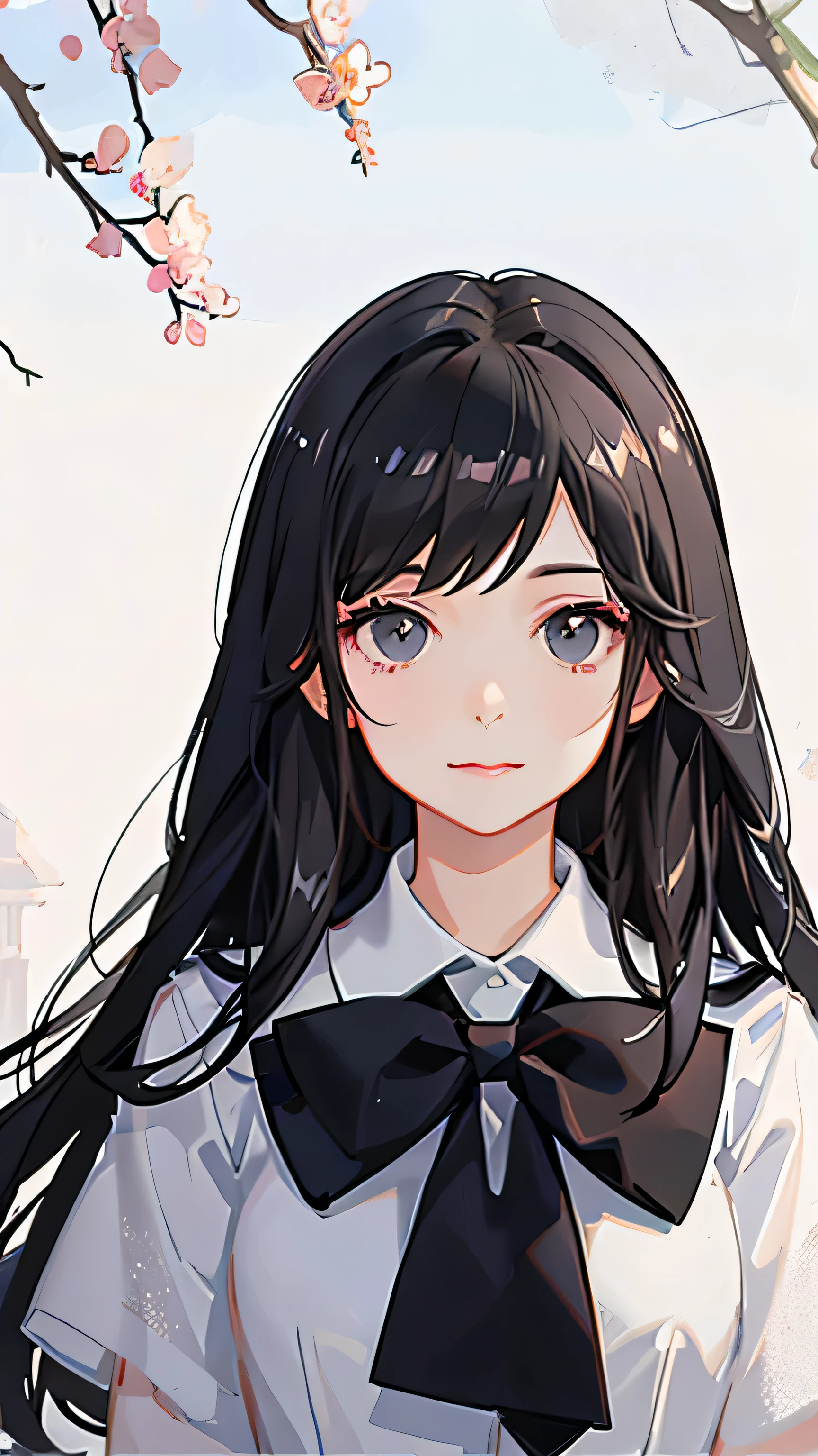 best quality,realistic,portrait,girl,garden,sailor uniform,black hair,black eyes,white skin,painted on canvas,white background,detailed facial features,dainty lips,vibrant colors,soft lighting,peaceful atmosphere