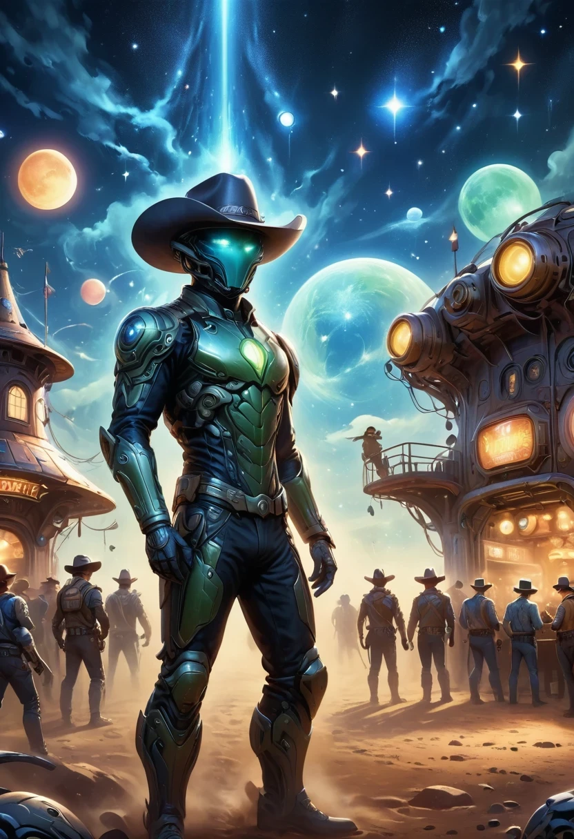 Aliens in cowboy suits in interstellar taverns,Wearing a stylish cowboy hat,Futuristic starry sky background,Alien Technology,Mechanical Cowboy,Mechanical Tavern