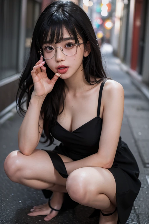 8k, masterpiece, RAW Photos, highest quality, Realistic, Highly detailed CG Unity 8k wallpaper, Written boundary depth, Cinematic Light, Ray Tracing，(Very beautiful face, Beautiful Lips, Beautiful Eyes), (dense beautiful skin) ,  One Girl, Very cute  Japanese girl,  1 girl, Always wears glasses, Plump sexy body,  Child body type, Young body, Young face,  body type、Big Breasts、Very large breasts、Very large soft bust、120cmＪCup Bust、Small Ass, Shiny black latex bikini、Big bust that seems to be spilling out of the bikini、Back alleys of Nishinari, Osaka、Take the cutest picture、Squatting with legs wide apart、M-shaped legs、Shooting from behind