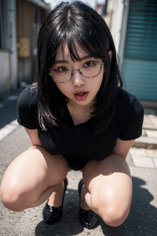 (masterpiece, highest quality, High resolution simple 35 year old Japanese woman, Wear glasses, Beautiful long shiny black hair, snappy bangs, Shining Face, Shiny skin, Written boundary depth, chromatic aberration, Caustics, natural shadows,  kind, smile, Small devil,Cute face, Thighs, Film Grain, chromatic aberration, Sharp focus, Face Light,  Detailed face, Background blur, Huge breasts, Slender body, Feminine and understated outfits for spring, Flushed face, He is sticking out his tongue and licking a transparent, invisible tube with gusto., Squat with your legs wide apart, Back alleys of Shinjuku, Full body portrait, Top-down angle, Taken at the best angle