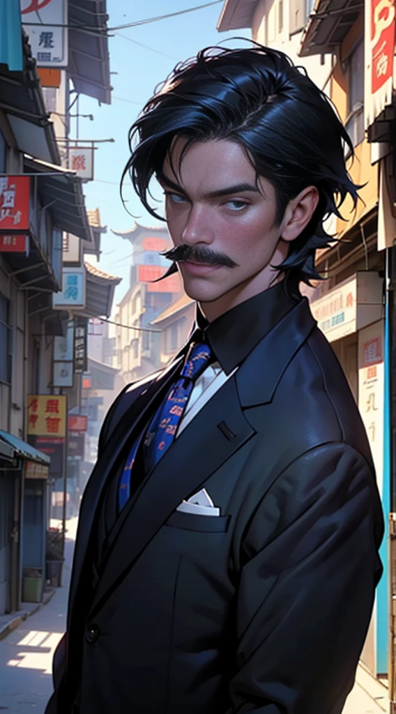 a man with mustache character in a suit and tie standing in a city street , in the style of traditional chinese, epic portraiture, marvel comics, 2d game art, animecore, oil portraitures, dark amber and sky-blue, 32k, best quality, masterpiece, super detail, high details