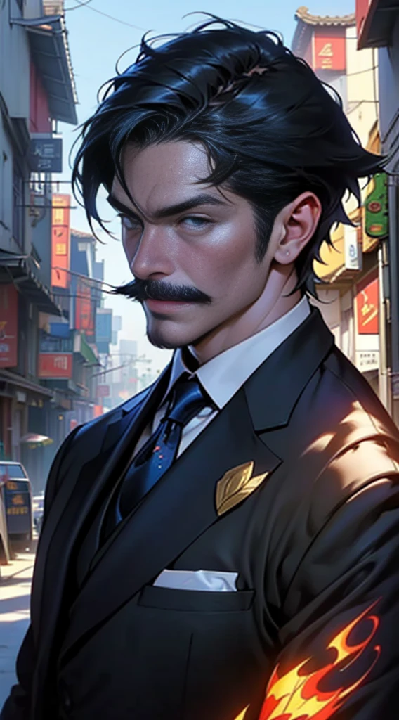 a man with mustache character in a suit and tie standing in a city street , in the style of traditional chinese, epic portraiture, marvel comics, 2d game art, animecore, oil portraitures, dark amber and sky-blue, 32k, best quality, masterpiece, super detail, high details