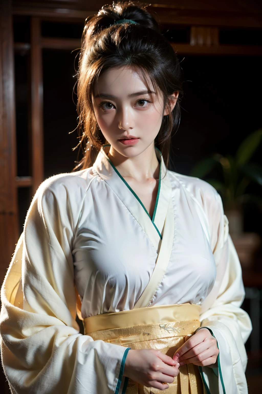 Surrealism, High Detail, Movie Lighting, Ray Tracing, Viewing angle, Eye level shot, Ultra HD, masterpiece, textured skin, 4K, best quality,A beautiful woman in Hanfu