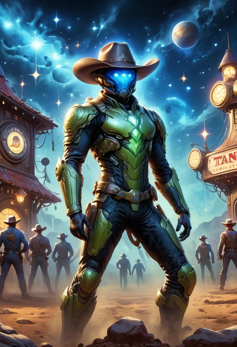 Aliens in cowboy suits in interstellar taverns，Wearing a stylish cowboy hat，Futuristic starry sky background，Alien Technology，Mechanical Cowboy，Mechanical Tavern