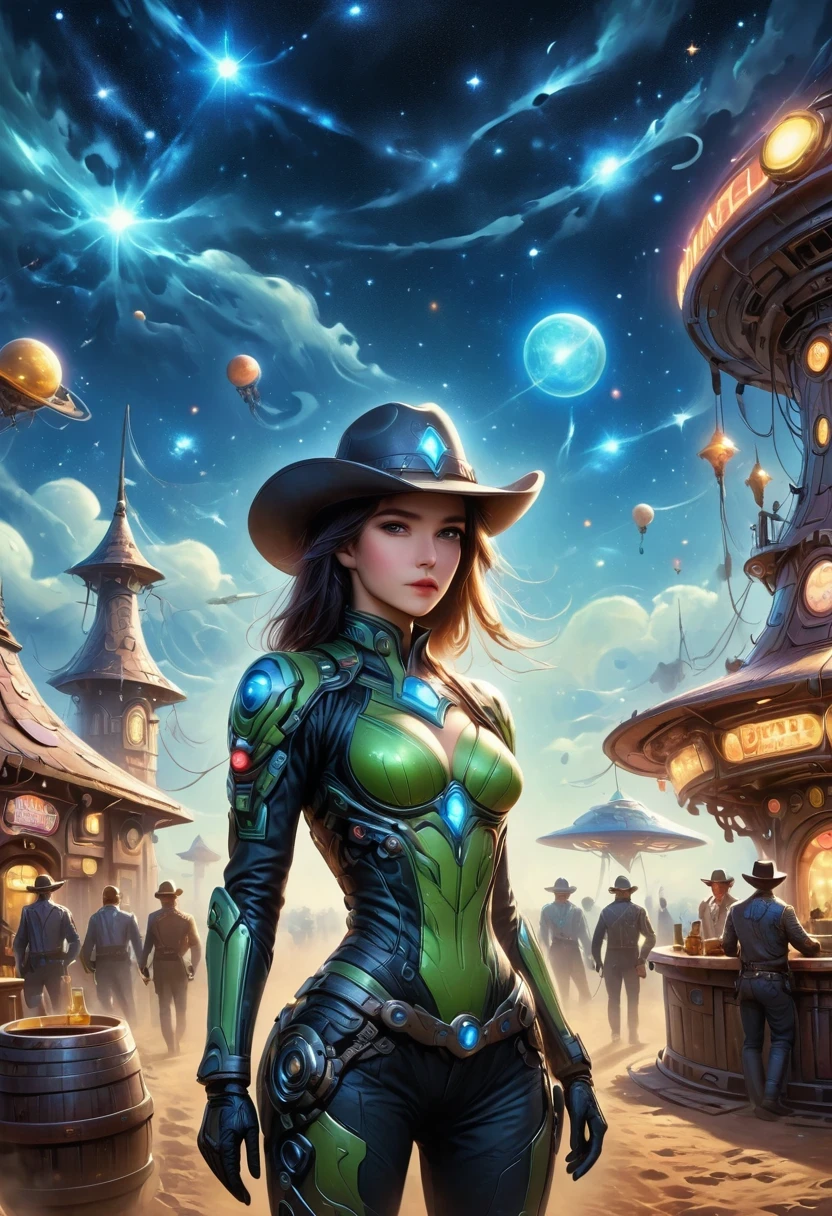 Aliens in cowboy suits in interstellar taverns，Wearing a stylish cowboy hat，Futuristic starry sky background，Alien Technology，Mechanical Cowboy，Mechanical Tavern