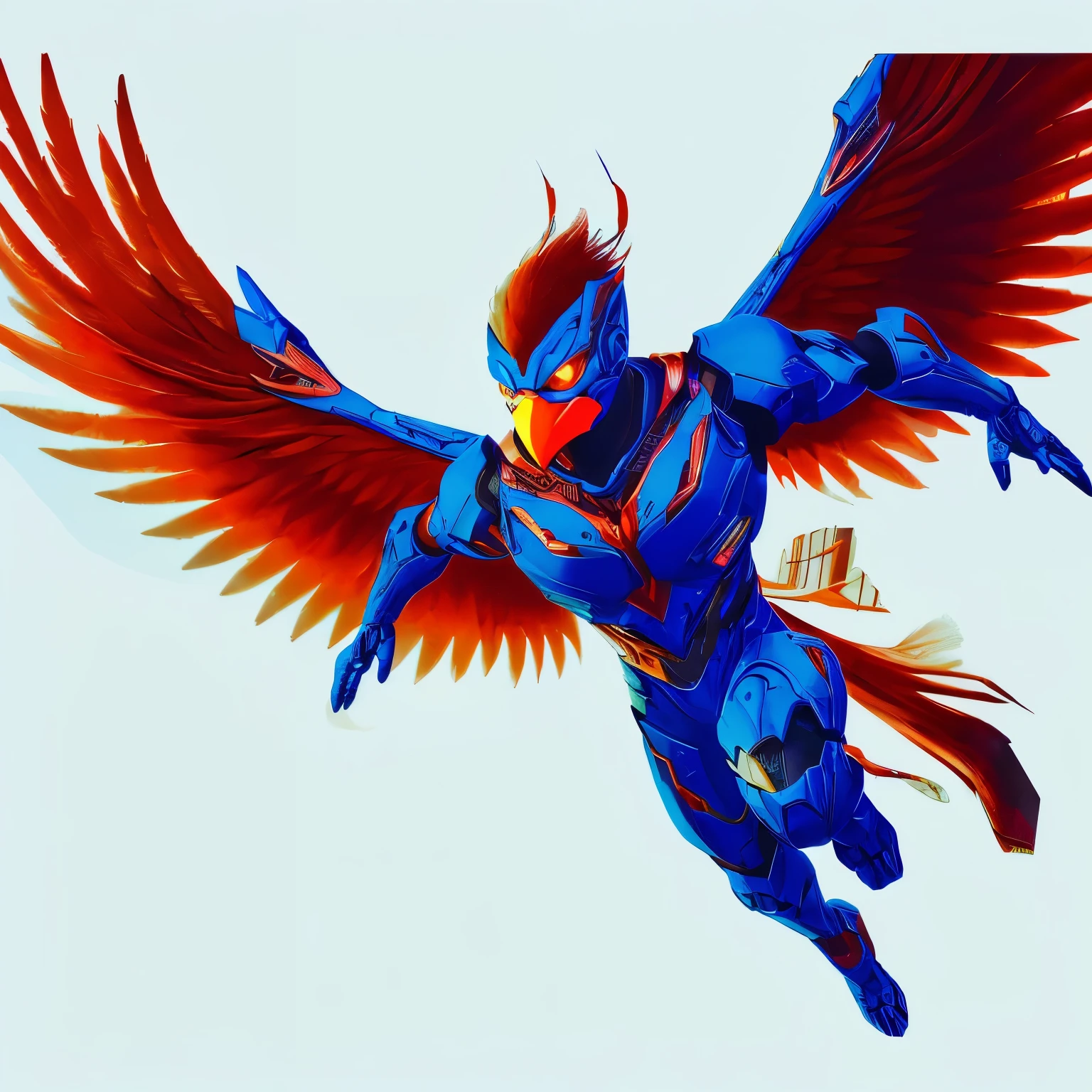 **Final Prompt:**
"Generate a stunning and visually captivating artwork featuring a scene of a blue and red pigeon robot soaring majestically in the sky alongside a robot bird. The pigeon robot is adorned with intricate mecha wings, reminiscent of falco lombardi from starfox, exuding a sense of speed and agility. In the background, a blue phoenix and a scarlet phoenix soar gracefully, their fiery plumage contrasting against the sky. A crow in cyber armor flies nearby, adding a futuristic touch to the composition. The scene is inspired by Ryusei Kishida's artwork of a phoenix, featuring elements of solarpunk aesthetics and intricate mecha designs. Ensure the artwork captures the dynamic energy of the flying robots and birds, with vibrant colors and detailed linework that evoke a sense of wonder and awe."