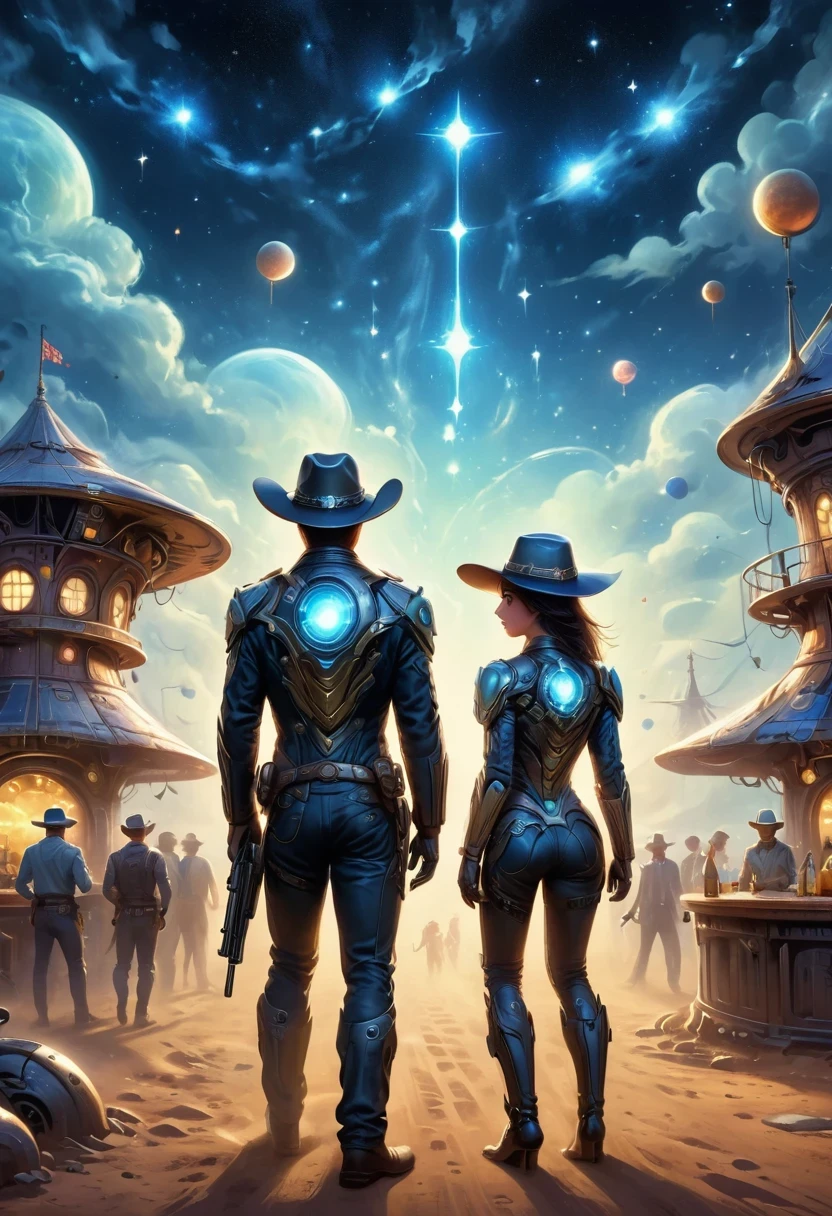 Aliens in cowboy suits in interstellar taverns，Wearing a stylish cowboy hat，Futuristic starry sky background，Alien Technology，Mechanical Cowboy，Mechanical Tavern