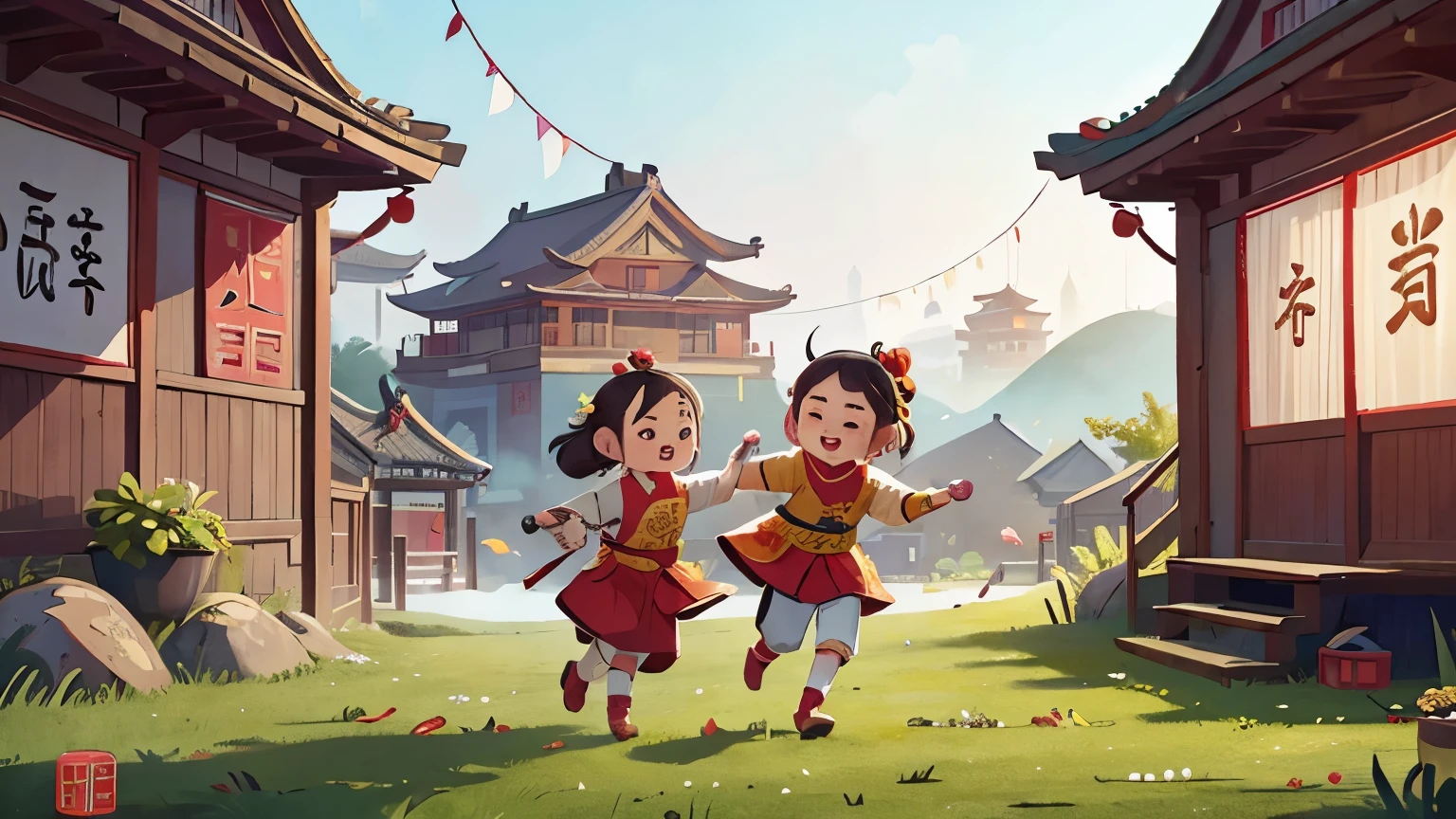 Generate illustrative images depicting the Spring Festival in the Song Dynasty of China。In the background is a quaint traditional Song Dynasty farmhouse,Two characters setting off firecrackers,