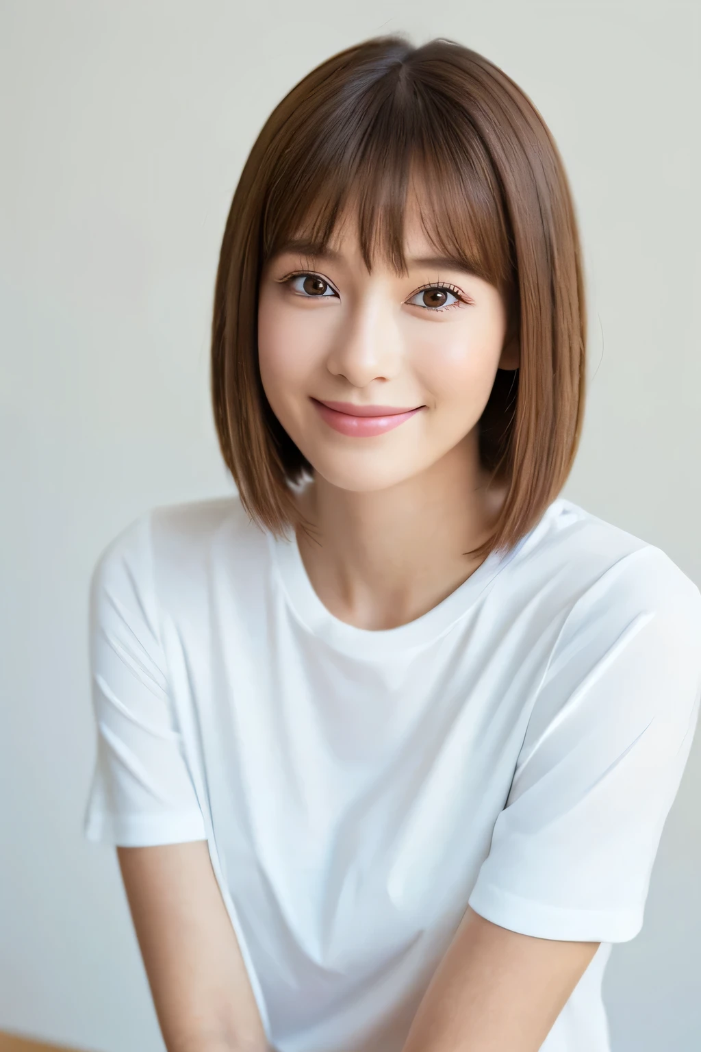 Best quality , 1beautiful woman , wear a white T-shirt , Bob Cut , Half Smile , clear eyes , looking at viewer , white background , photo