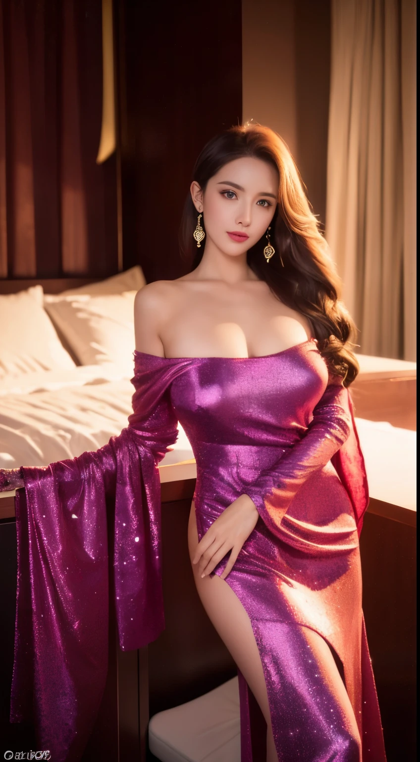 (absurderes, A high resolution, Ultra detailed), 1girll, Constellation – Goddess Aries , Solo, mature, baroque, Long dress, longer sleeves, elegant, Colorful, highest details, Upper body , Sunset hair . fire eyes . Brave, willful, Productive, The enterprising humanitarian face .