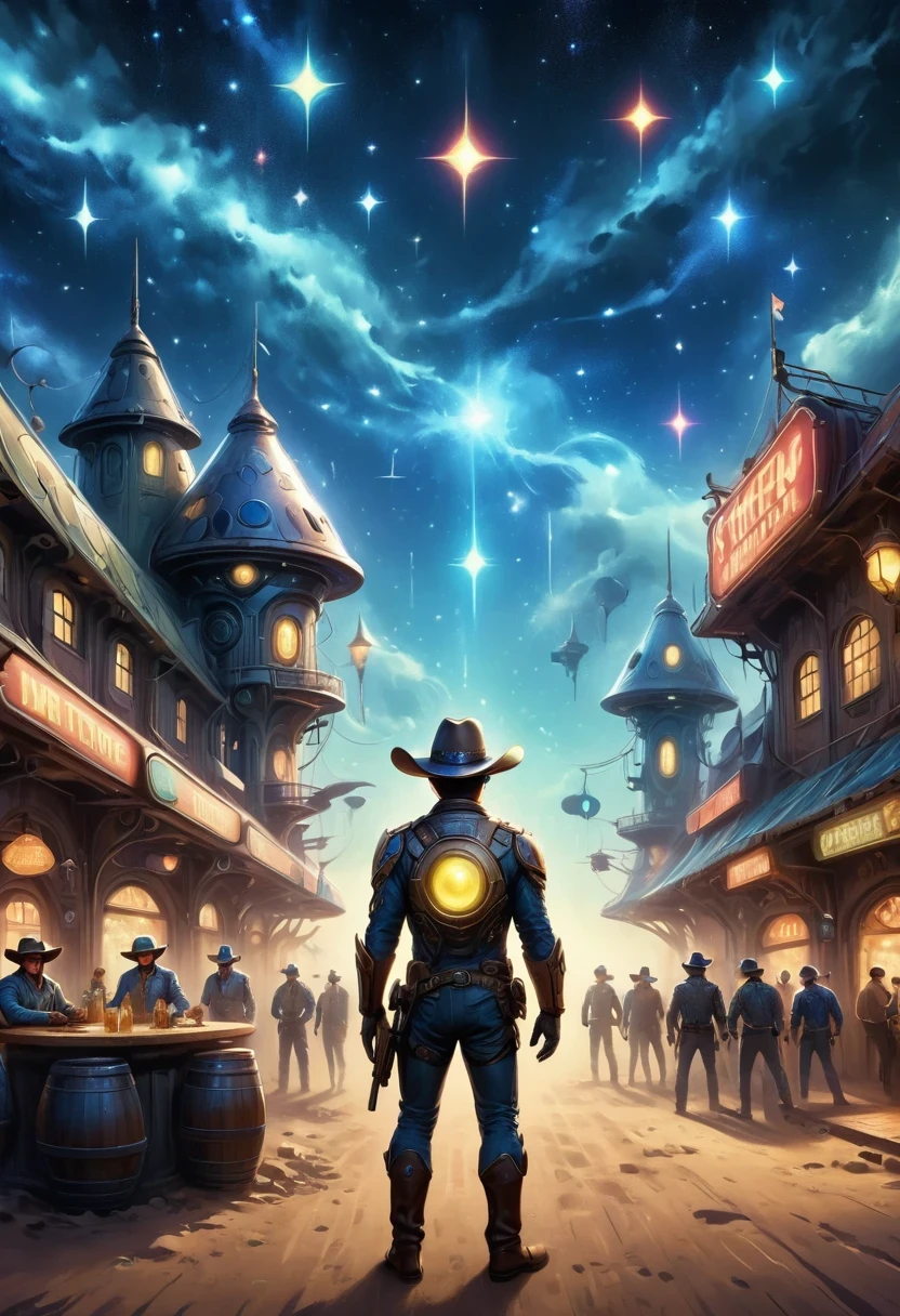 Aliens in cowboy suits in interstellar taverns,Wearing a stylish cowboy hat,Futuristic starry sky background,Alien Technology,Mechanical Cowboy,Mechanical Tavern