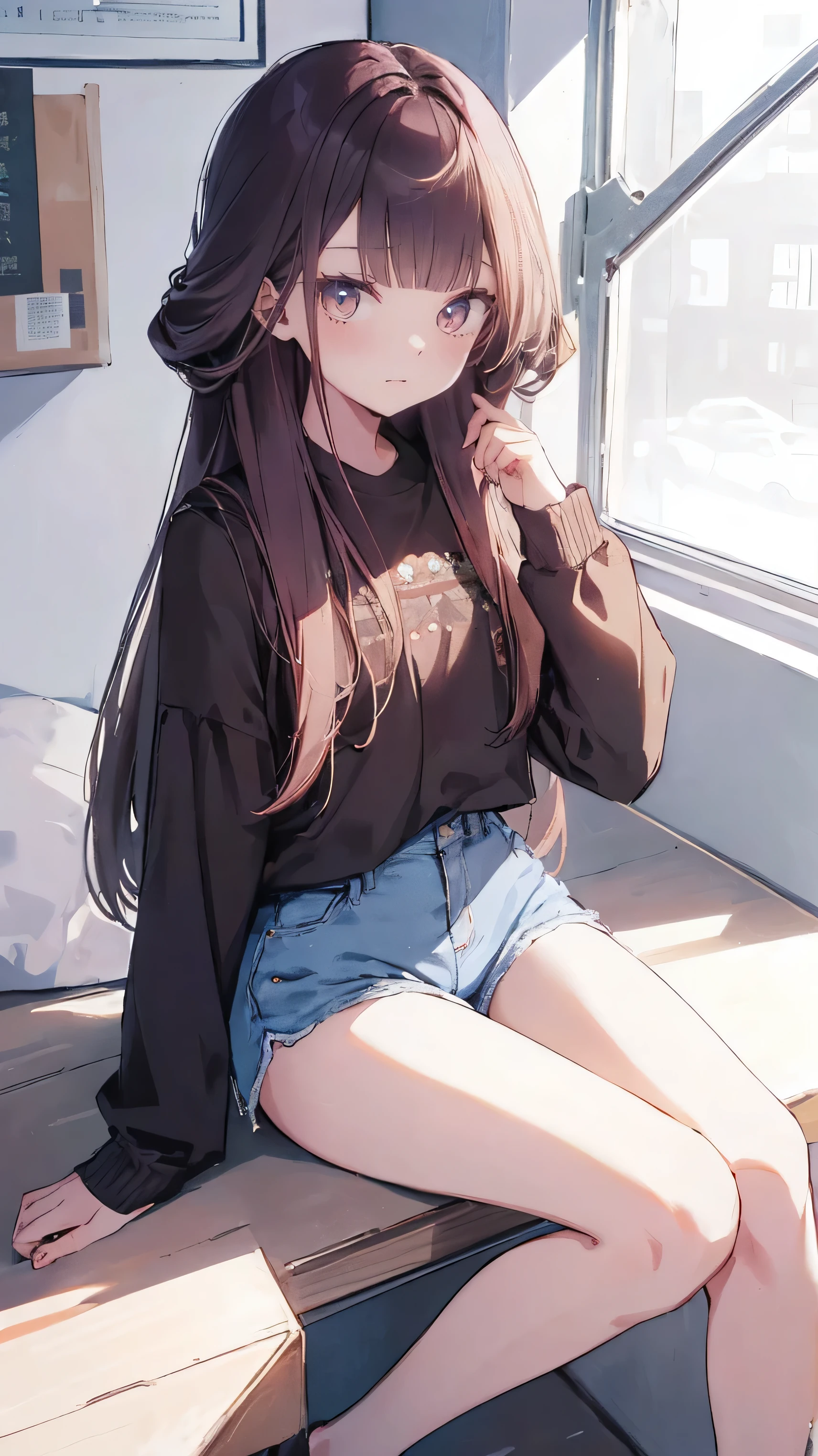 Masterpiece、Highest quality、highest quality、 ((panic))、glossy hair quality、Small face、Sitting、Super detailed and beautiful bright eyes、Super detailed clear and beautiful face、(cute illustration:1.2), High-resolution, ultra-detailed, best quality, embarrassed、(Gaps in shorts).(You can see her cute underwear through the gap)、