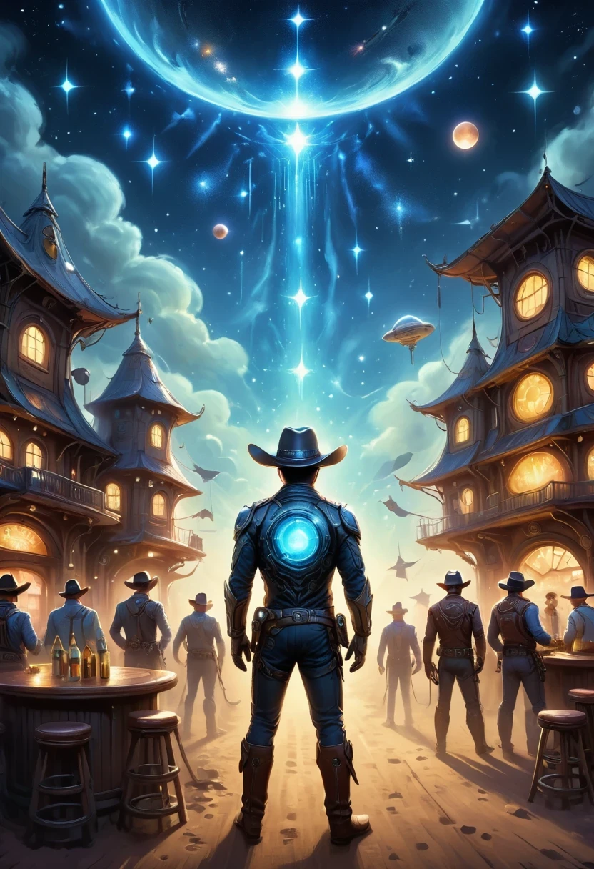 Aliens in cowboy suits in interstellar taverns,Wearing a stylish cowboy hat,Futuristic starry sky background,Alien Technology,Mechanical Cowboy,Mechanical Tavern