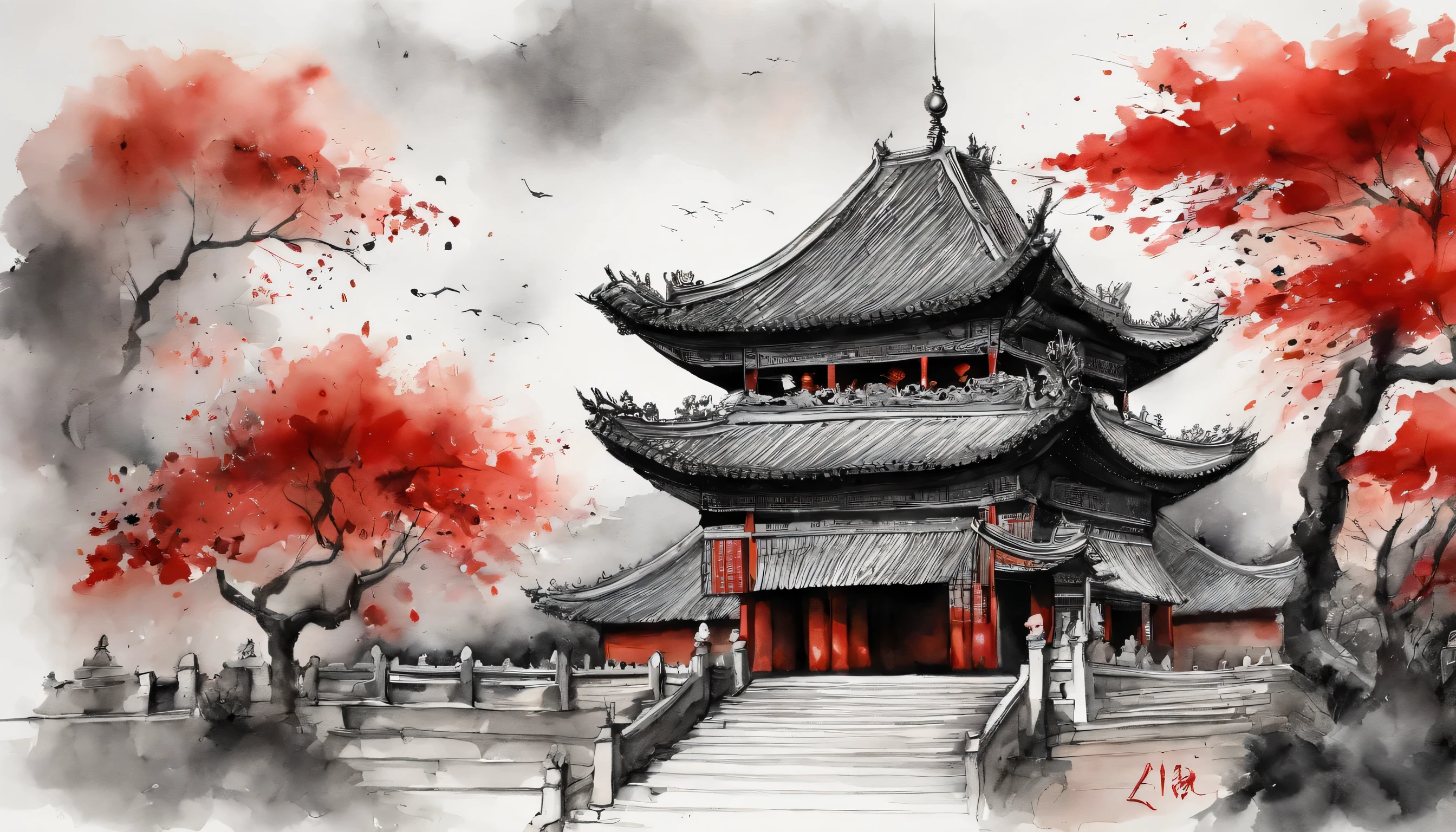 Chinese New Year,Heavenly offering ceremony,Pray for blessings,1 person,Sky,Black and White,Ink,temple,temple,ancient building
