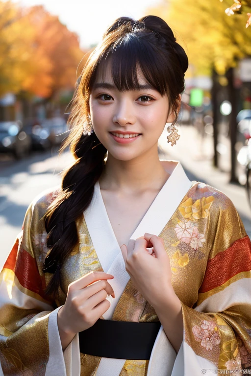 (Realistic:1.3), Rembrandt Lighting, (masterpiece:1.2), (photoRealistic:1.2), (highest quality), (Detailed skin:1.3), (Intricate details), Ray Tracing,One girl, Japanese Girls, 21 years old, Detailed skin texture, (blush:0.5), Scattered beneath the surface, smile, Updo, bangs, Hair between the eyes, hair ornaments, kimono, floral print, Wearing edgJF_kimono, seiza (Bright sunny day, autumn scenery, Autumn Tree々and leaves, (It was transparent:1.2)