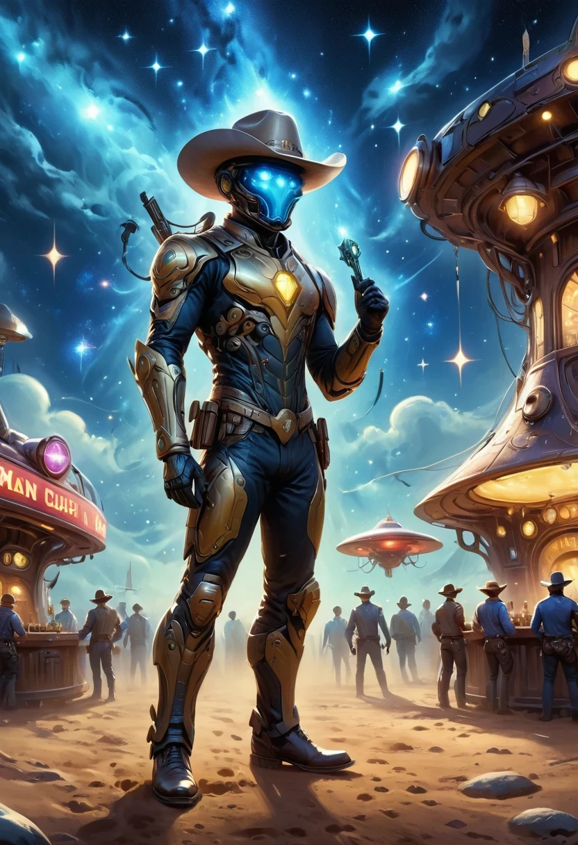 Aliens in cowboy suits in interstellar taverns,Wearing a stylish cowboy hat,Futuristic starry sky background,Alien Technology,Mechanical Cowboy,Mechanical Tavern