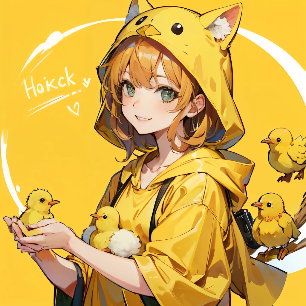 Beautiful hands, top quality, chick hood, looking at the chick and smiling, young woman wearing a yellow chick costume, chick costume, many yellow chicks around, a small chick on her hand