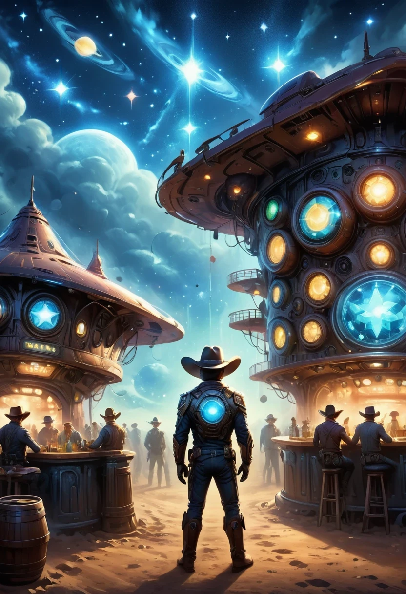 Aliens in cowboy suits in interstellar taverns,Wearing a stylish cowboy hat,Futuristic starry sky background,Alien Technology,Mechanical Cowboy,Mechanical Tavern