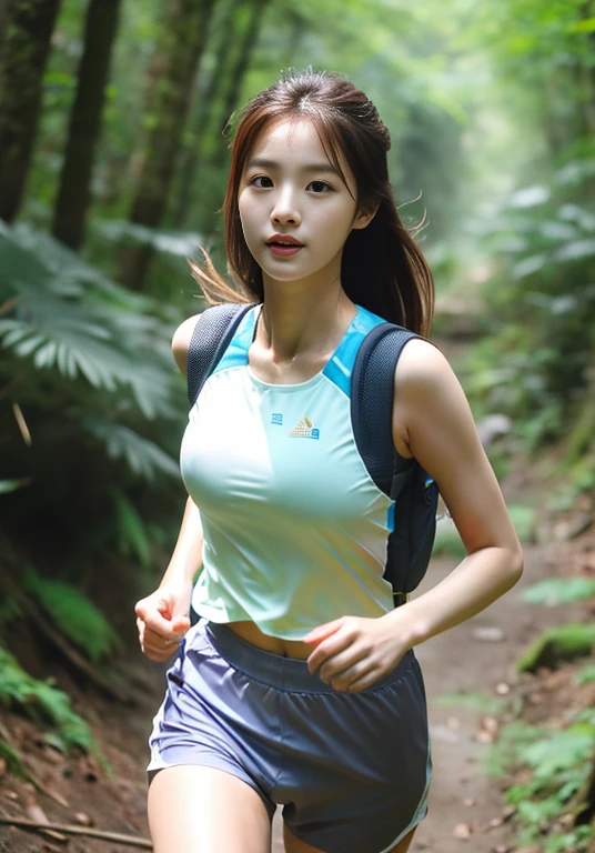 Close-up of trail running, running posture,full-body shot,big ，Showing breast line，wearing white clothes，Use two trekking poles，Backpack with water bag，The whole body is soaked loomingly，It&#39;s raining heavily，Sunlight penetrating the forest，stream，Korean Girl, beautiful south Korean woman, gorgeous young Korean woman, tzuyu from times, beautiful young Korean woman, Korean woman, Nam Jae-yeon, Korean female fashion models, jinyoung shin, portrait of female korean idol, korean idol, Cui Xianhua, Huang Shishi