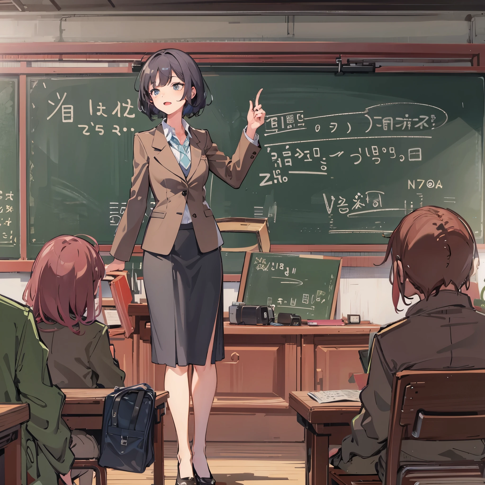 A middle-aged female teacher，Wearing business attire，in the classroom，Stand on the podium and lectur，Behind him is the blackboard。Medium shot composition，Full body pictures，color，Anime illustration style，HD，4K。