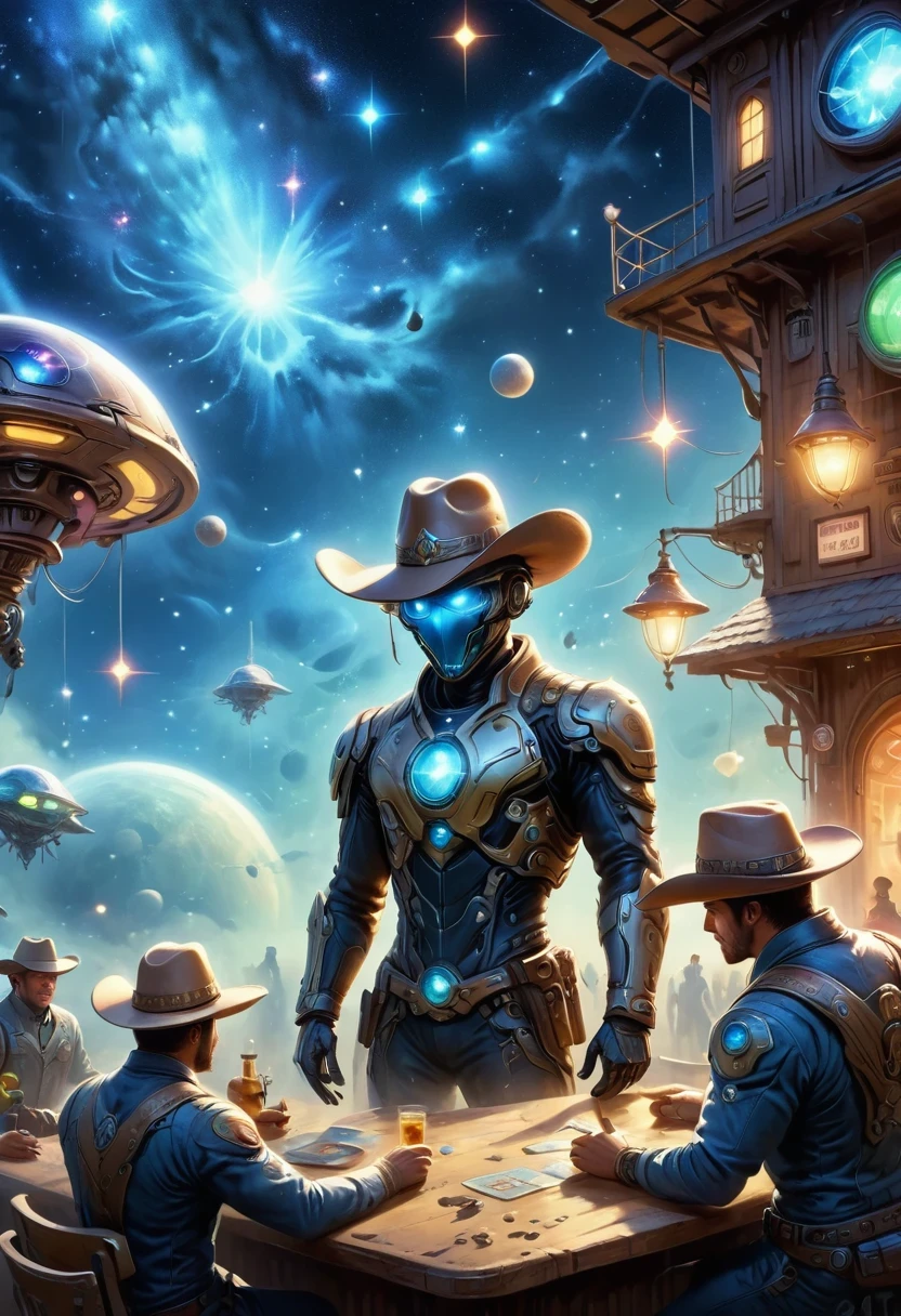 Aliens in cowboy suits in interstellar taverns,Wearing a stylish cowboy hat,Futuristic starry sky background,Alien Technology,Mechanical Cowboy,Mechanical Tavern