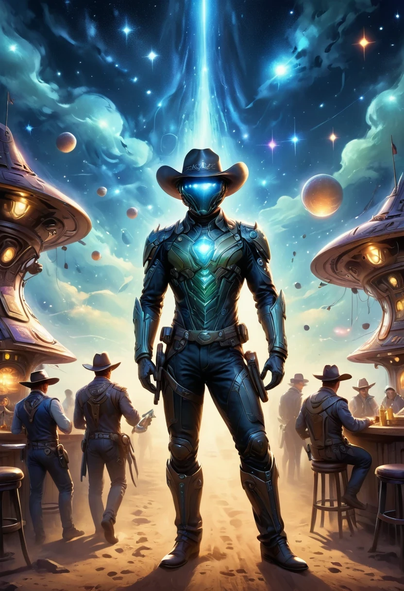 Aliens in cowboy suits in interstellar taverns，Wearing a stylish cowboy hat，Futuristic starry sky background，Alien Technology，Mechanical Cowboy，Mechanical Tavern