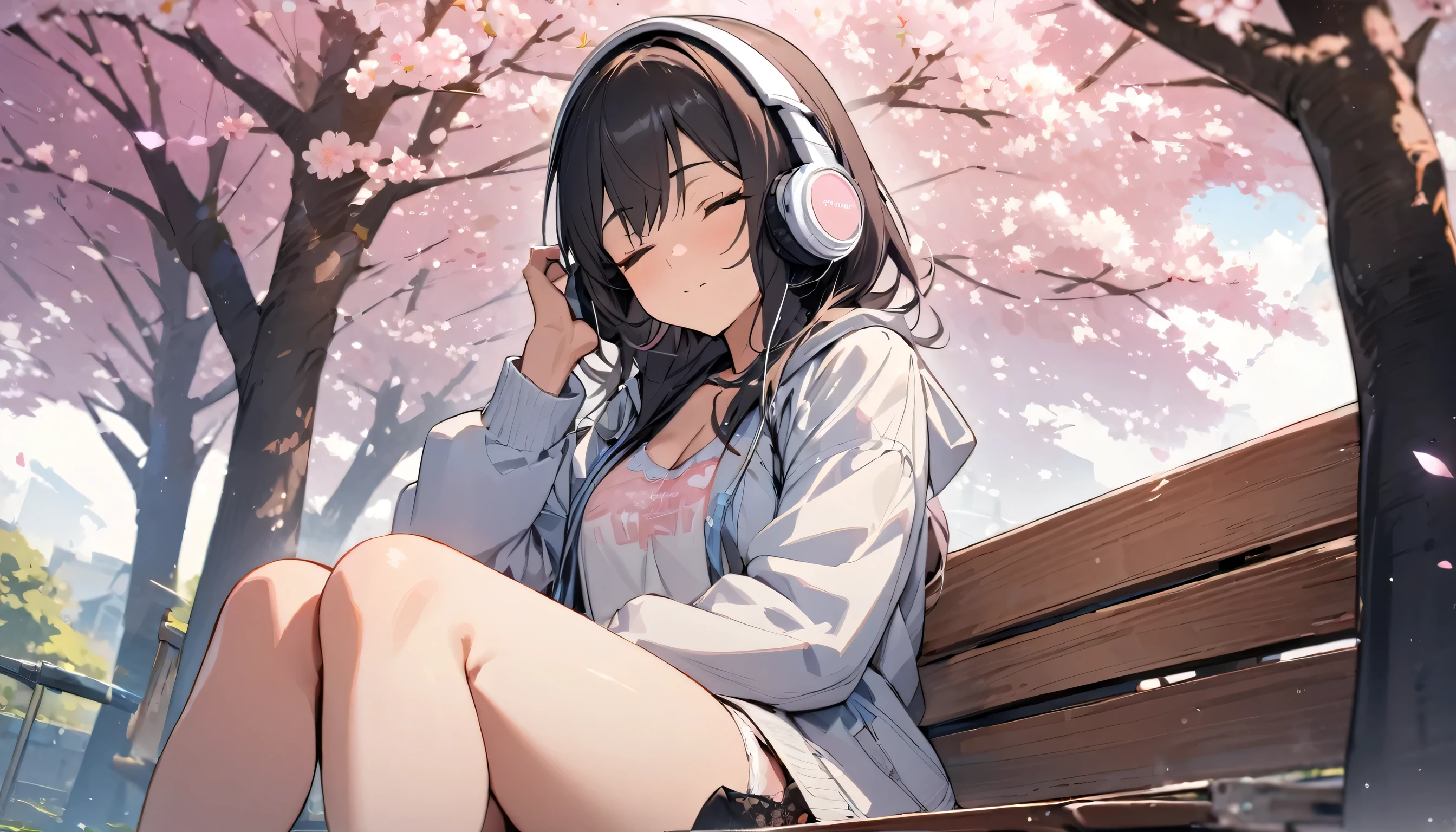 ((best quality)), ((masterpiece)), (detailed), perfect face, sitting under the cherry blossom tree, listening to music, One woman, wearing headphones, eyes closed, wearing underwear, underwear is transparent, sitting on a bench