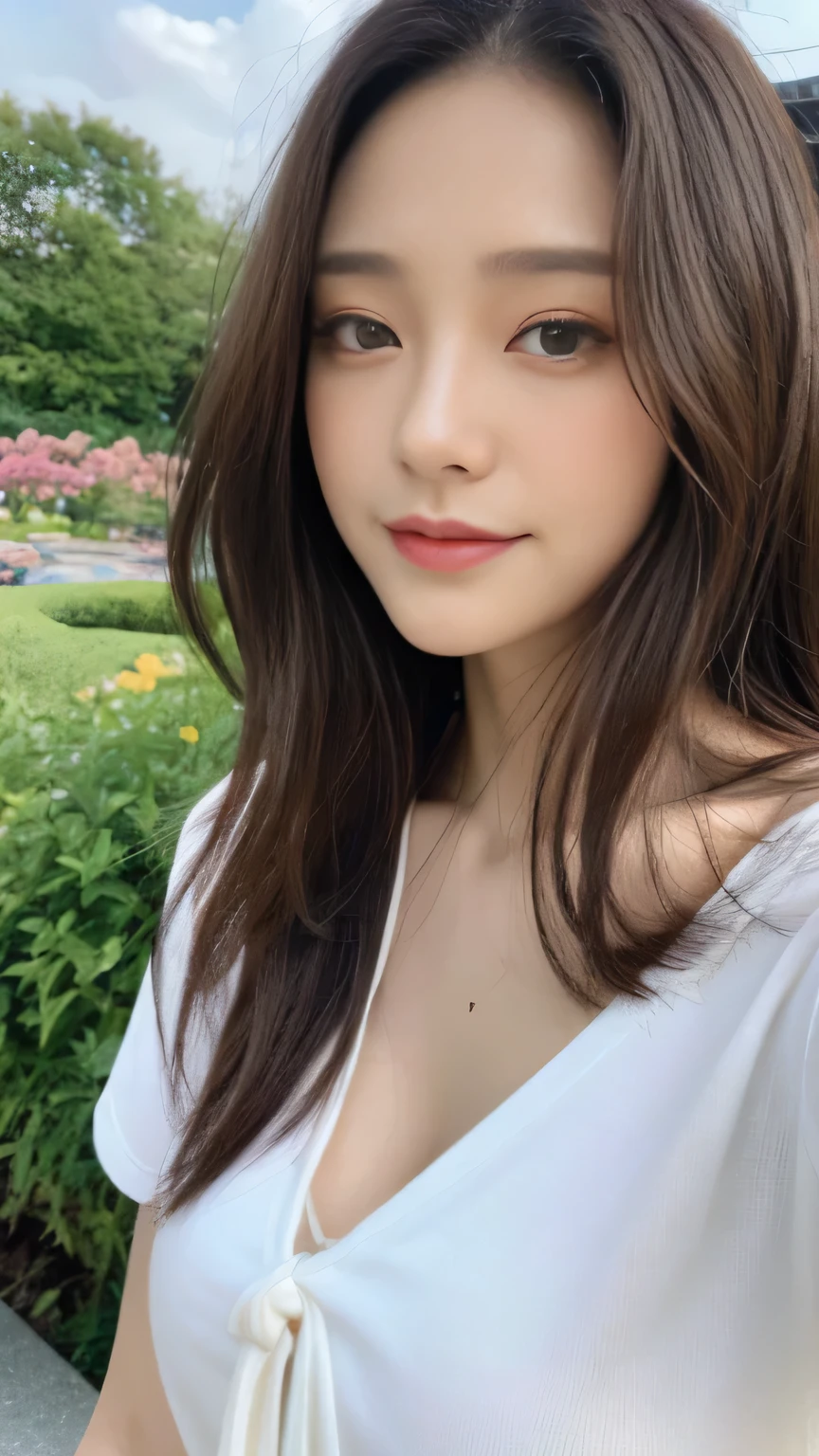 ((highest quality, 8K, masterpiece:1.3)), concentrated:1.2, Perfect body beauty:1.4, Hips:1.2, ((Delicate Hair)), (A fashionable summer T-shirt with a colorful irregular neckline, back tie and slim fit.、 :1.1) , ((highest quality、8K、masterpiece:1.3))、1 Girl、A sloppy smile、Esbian all over、Slim face、Big 、Beautiful woman、(Dark Brown Hair)、、1.1、Flickering Valley、Detailed eyes、double eyelid、Blurred Background、超Slim face、Looking down、garden、