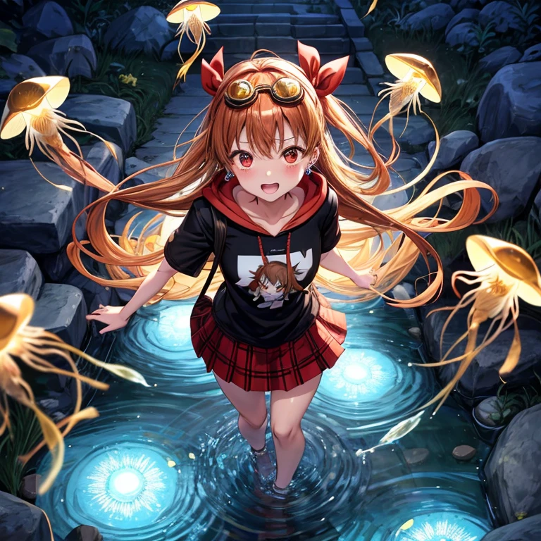 Brown, red, gold, golden hair、red eyes、One good looking girl、solo、anime、plaid mini skirt、black camisole、Black T-shirt、hoodie、Wearing a ribbon、Ribbon on waist、Crystal Earrings、treasure石のネックレス、Light and shadow、Tilting face、teeth are visible、pillar、Kind Face、Kuroko、Diamond dust、grassland、Water running down the stairs、Overflowing、Ants are walking、sulking、is increasing、treasure、Hope、wearing goggles on head、jellyfish、Carrying a backpack
