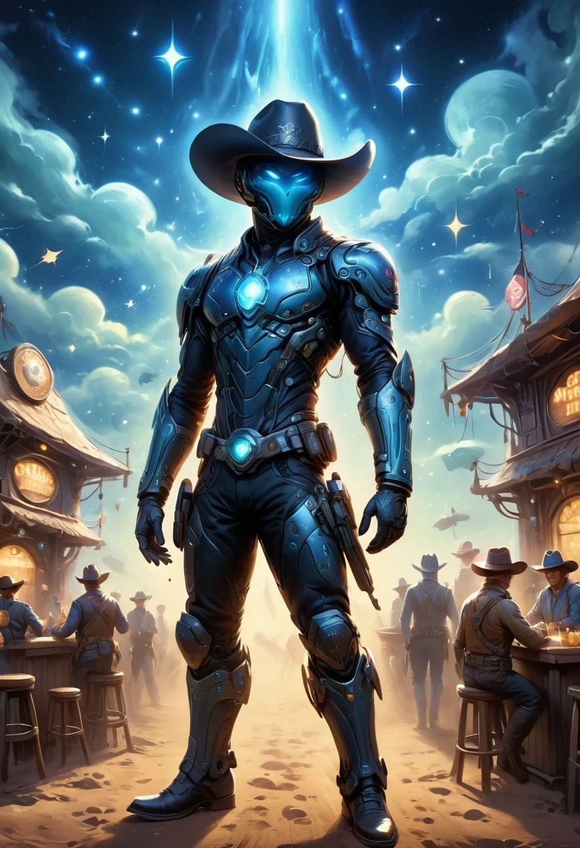 Aliens in cowboy suits in interstellar taverns,Wearing a stylish cowboy hat,Futuristic starry sky background,Alien Technology,Mechanical Cowboy,Mechanical Tavern