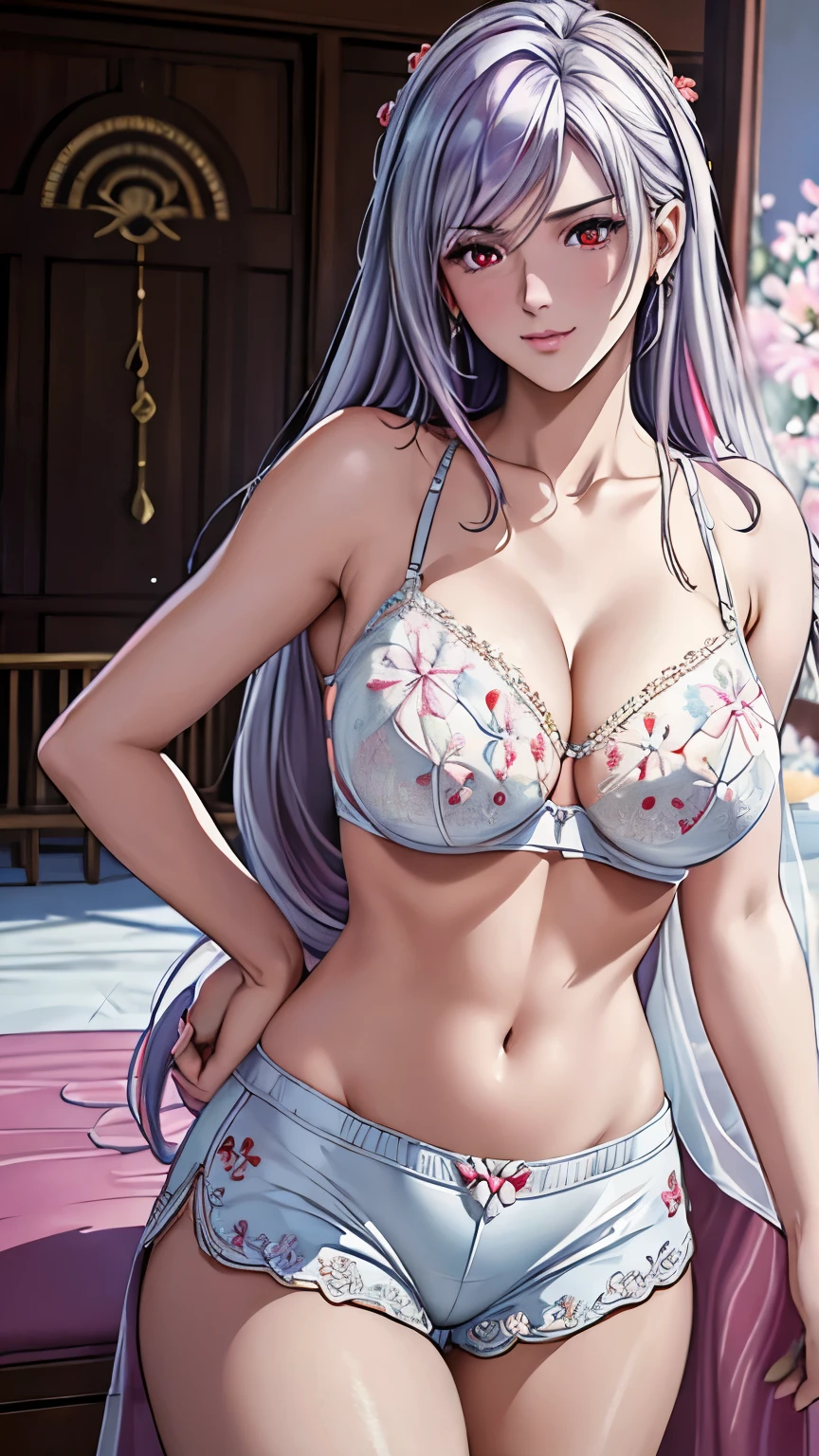 red eyes, (highest quality, masterpiece painting:1.3), immature woman, 16 years old, (half body shot), masterpiece, ultra high resolution, (Photoreal:1.0), light purple hair,straight hair, beautiful shining hair, white and shining skin, ((Ultra realistic details)), octane rendering, highly detailed face, (big breasts:0.8), (make a heart with hands),（(White bra,White pantieeautiful detail shorts with colorful floral embroidery and luxurious embroidery +:1.5)),Salute,(Flower motif lingerie),(Gorgeous:1.2),(Lace,Detailed:1.3),(See-through:1.6), White cherry blossom embroidery pattern, silver earrings,（milky way galaxy), Hair flutters under the influence of the wind, Japanese garden with beautiful cherry blossoms at night, Mysterious night sky, Beautiful Landscapes, sharp focus, intricate details, professional artwork, (bright colors:1.1), bright colors, diffused lighting, digital blending, ultra-definition body, ultra detail hair, super detailed face, that&#39;It&#39;s trending on pixiv, top button open, Cute gaze, compensate, perfect lips, perfect compensate, Ultra-precision coating, (light_smile:0.8), (Very embarrassed:1.2), blush your nose,