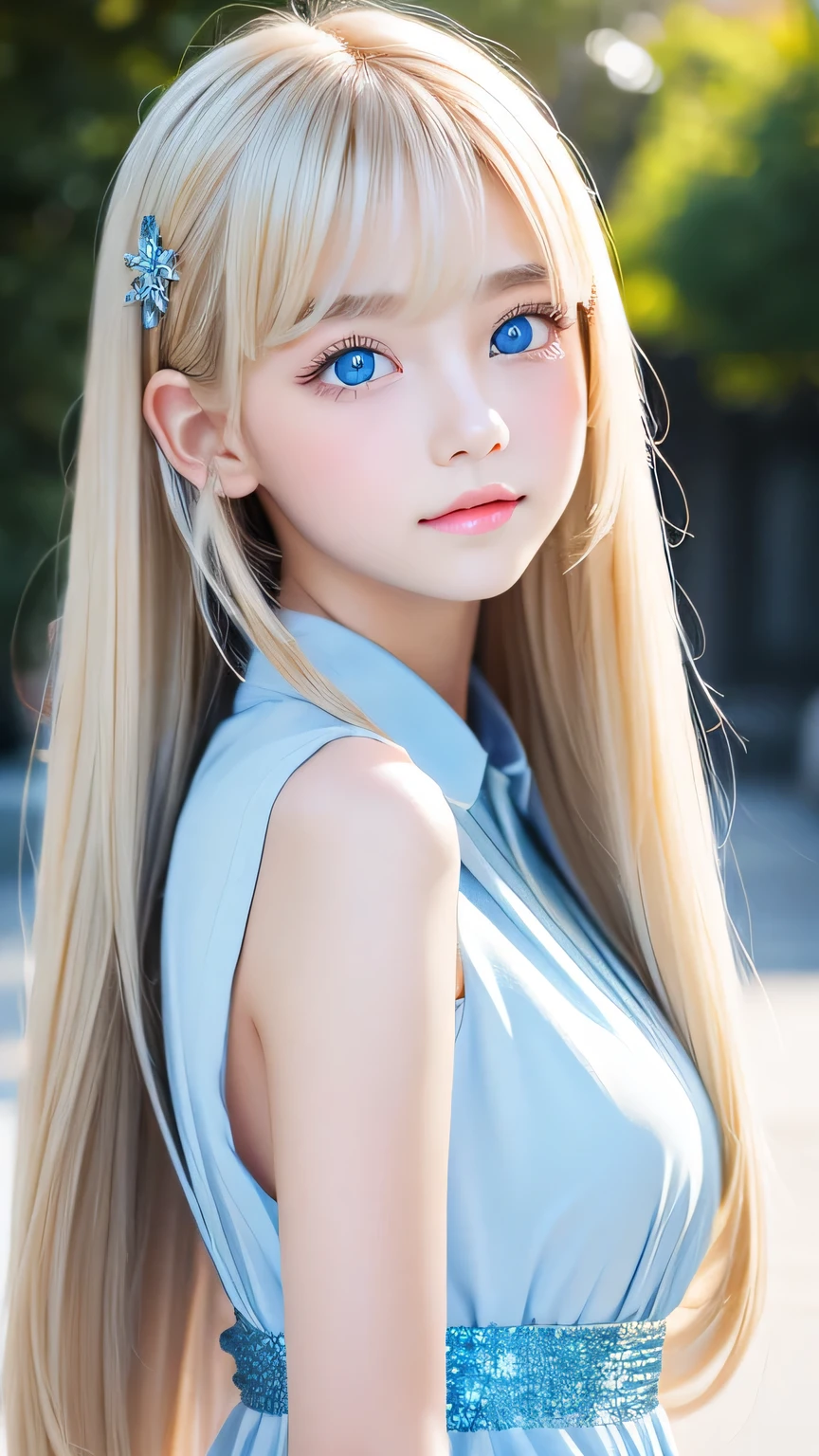 One beautiful girl、Portrait、、blue sky、bright and beautiful face、young, Very white shiny skin、The best beauty、Super long blonde hair with dazzling light reflections、Beautiful natural platinum blonde super long silky straight hair、long bangs between the eyes,、Extraordinarily beautiful 15-year-old、Large, shining, clear, light blue eyes、Very big eyes、Small Face Girl、round face、Cheek gloss highlight