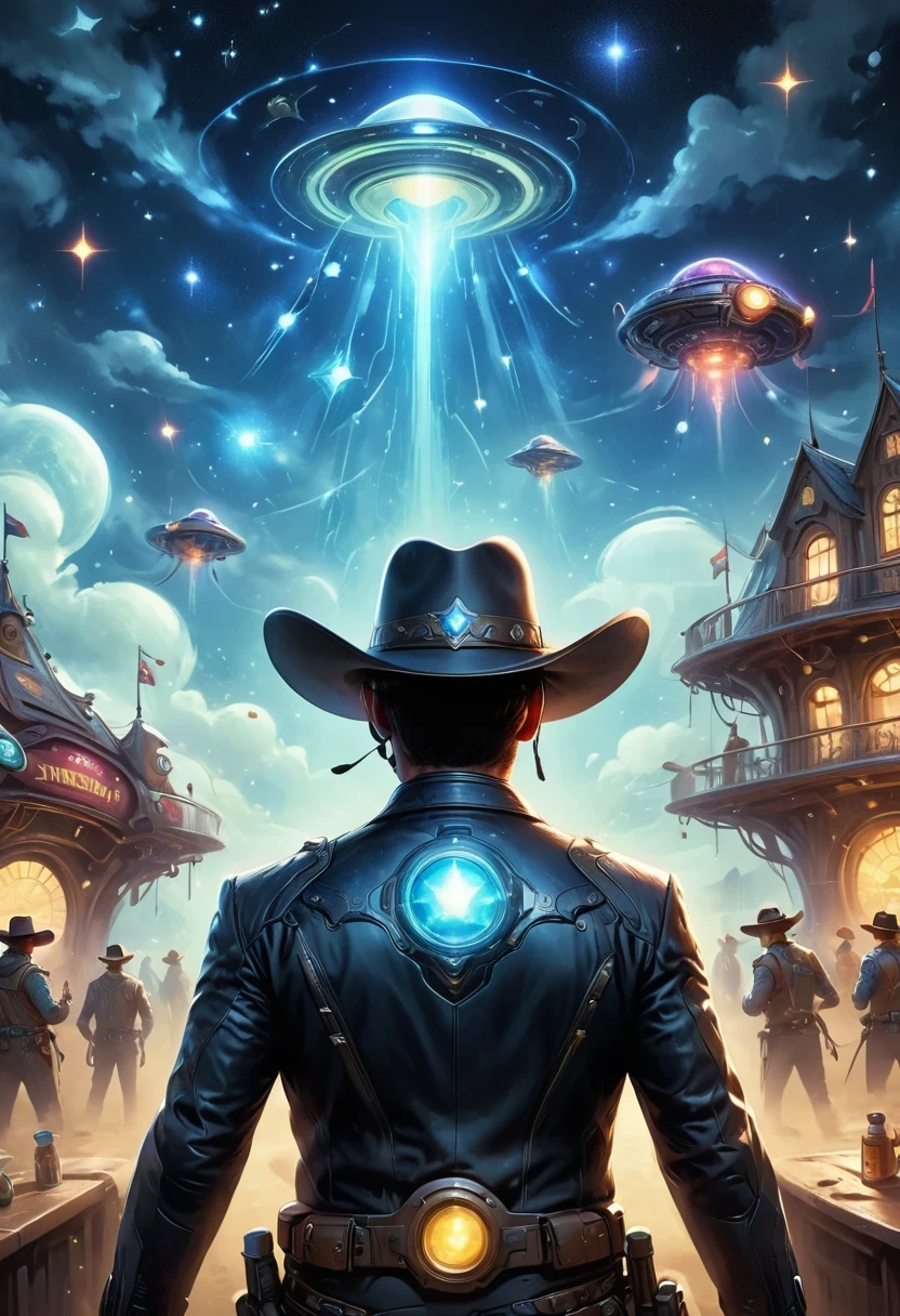 Aliens in cowboy suits in interstellar taverns,Wearing a stylish cowboy hat,Futuristic starry sky background,Alien Technology,Mechanical Cowboy,Mechanical Tavern