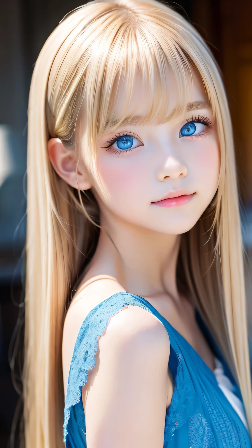 One beautiful girl、Portrait、、blue sky、bright and beautiful face、young, Very white shiny skin、The best beauty、Super long blonde hair with dazzling light reflections、Beautiful natural platinum blonde super long silky straight hair、long bangs between the eyes,、Extraordinarily beautiful 15-year-old、Large, shining, clear, light blue eyes、Very big eyes、Small Face Girl、round face、Cheek gloss highlight