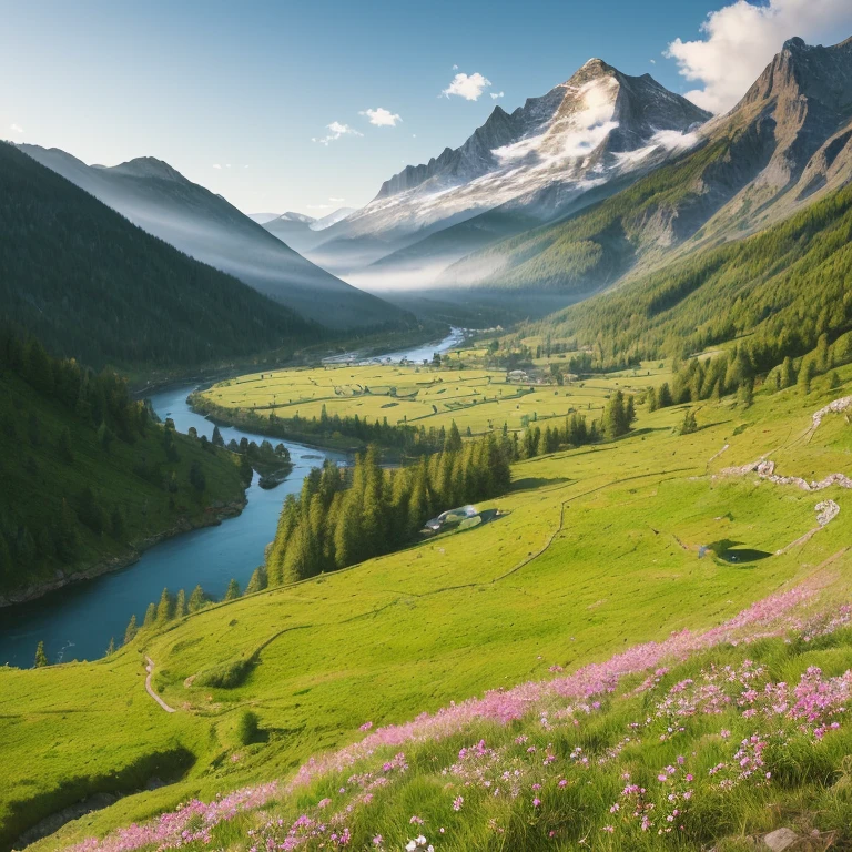 amazing, masterpiece, detailed, super detailed, clear, breathtaking, work of art, realistic, realistic, cozy, highest quality , 8K, sharp, HDR, UHD , art photography art, cinema style, best quality, mountain range, a mountain cabin, meadow, waterfall flowing down from the top of the mountain, river, morning mist, dawn light, small budding flowers blooming, sheep grazing, gentle breeze