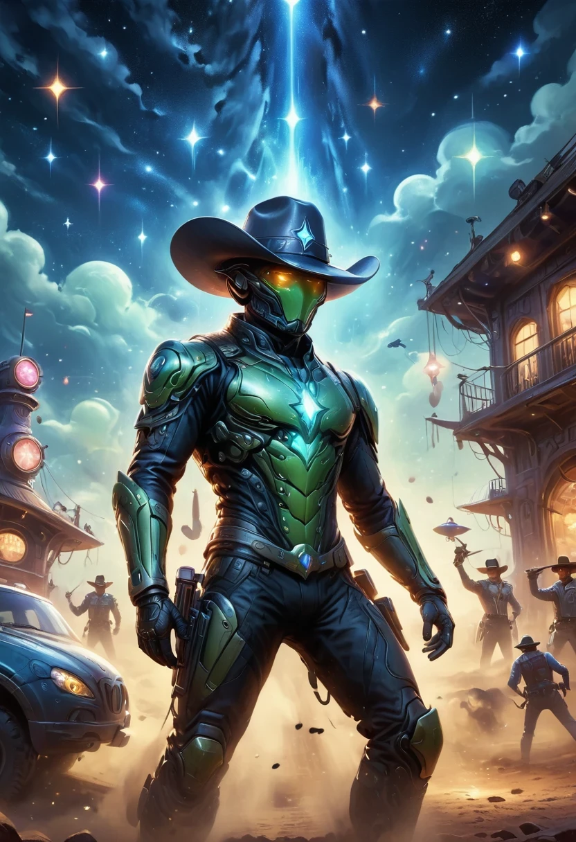 Aliens in cowboy suits in interstellar taverns,Wearing a stylish cowboy hat,Futuristic starry sky background,Alien Technology,Mechanical Cowboy,Mechanical Tavern