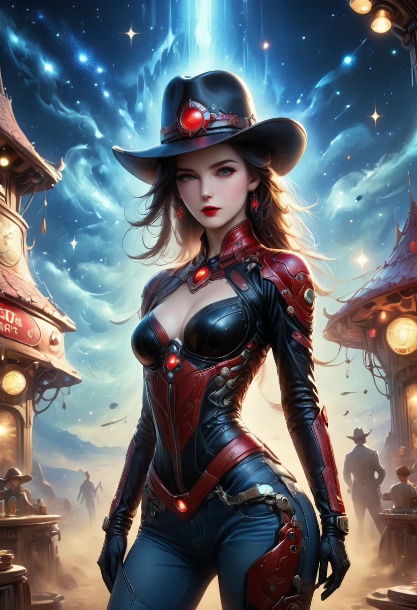 masterpiece, pale skin, red lips, light eyes, Eyeshadow, Front view of a beautiful woman wearing a stylish cowboy hat，Cyberpunk cowboy in interstellar tavern，Futuristic starry sky background，Alien Technology，Mechanical Cowboy，Wearing a red and black mechanical suit, Mafia style mechanical suit,Wearing a stylish cowboy hat，Jeans and high heels, Very detailed body, Alien Technology in detail, Chiaroscuro, Natural light, Very detailed, 