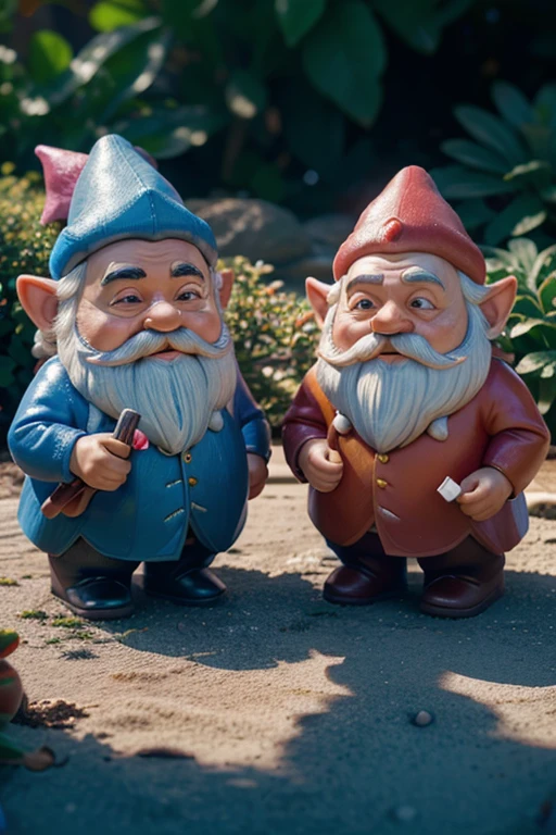 make me a picture of small rubber plasfantasy creacher Surrealism, drop shadow, anaglyph, stereogram, tachi-e, pov, atmospheric perspective, 8k, super detail, ccurate, best quality, ccurate, anatomically correct, award winning, highresticine garden gnomes playing around