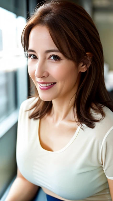 ((photograph))、本物のphotograph、((highest quality)),((High definition 8K )), ((highest quality))、48 years old、Brown medium hair,((Sweaty skin))((Sweaty skin)), big breasts、White blouse、very good、In the office、gentle smile、A gaze that seduces viewers、