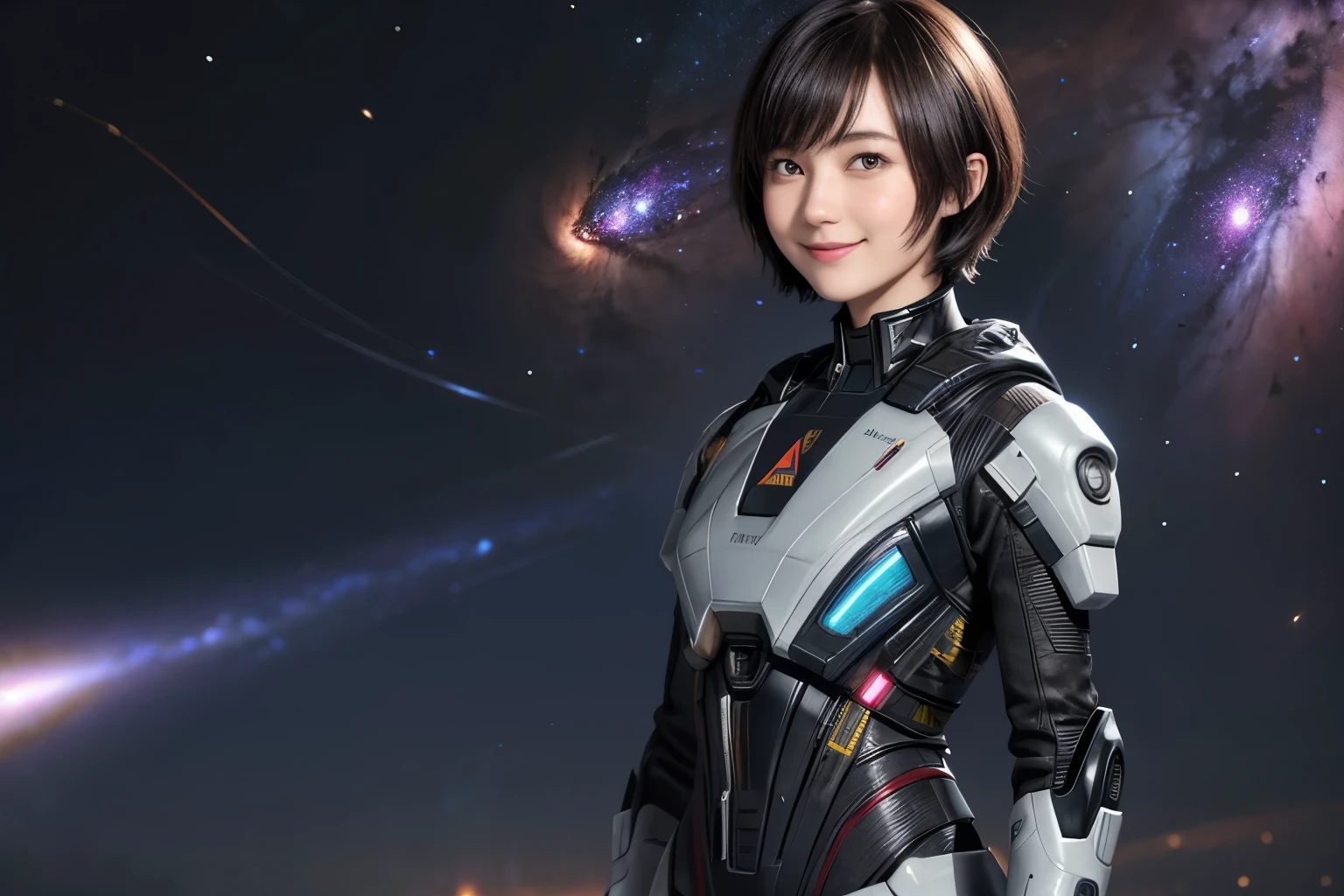 208 Short Hair, 20 year old female, Floral, A kind smile, Futuristic clothing, machinery suit, (The background is a galaxy and nebula)