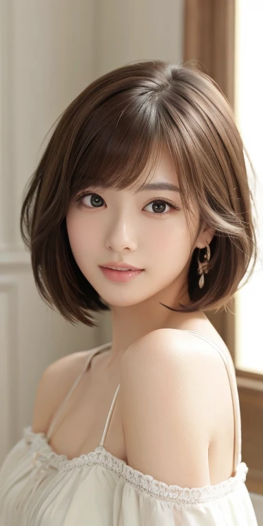 masterpiece、highest quality、High resolution、Tabletop、wallpaper、Realistic、Bright lighting、Professional Lighting、Face Light、Smooth lighting、Japanese women、Adult、Beautiful woman、action、gravure、sexy、poor、Super beautiful、Beautiful Skin、Beautiful and detailed、Detailed face、slim、moderately、short hair、Brunette colored hair、Brown eyes、Look at the camera、I have a sax