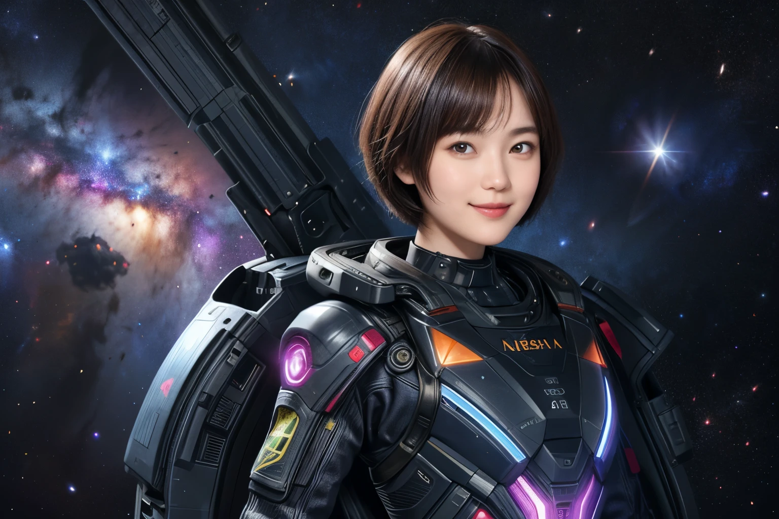 208 Short Hair, 20 year old female, Floral, A kind smile, Futuristic clothing, machinery suit, (The background is a galaxy and nebula)