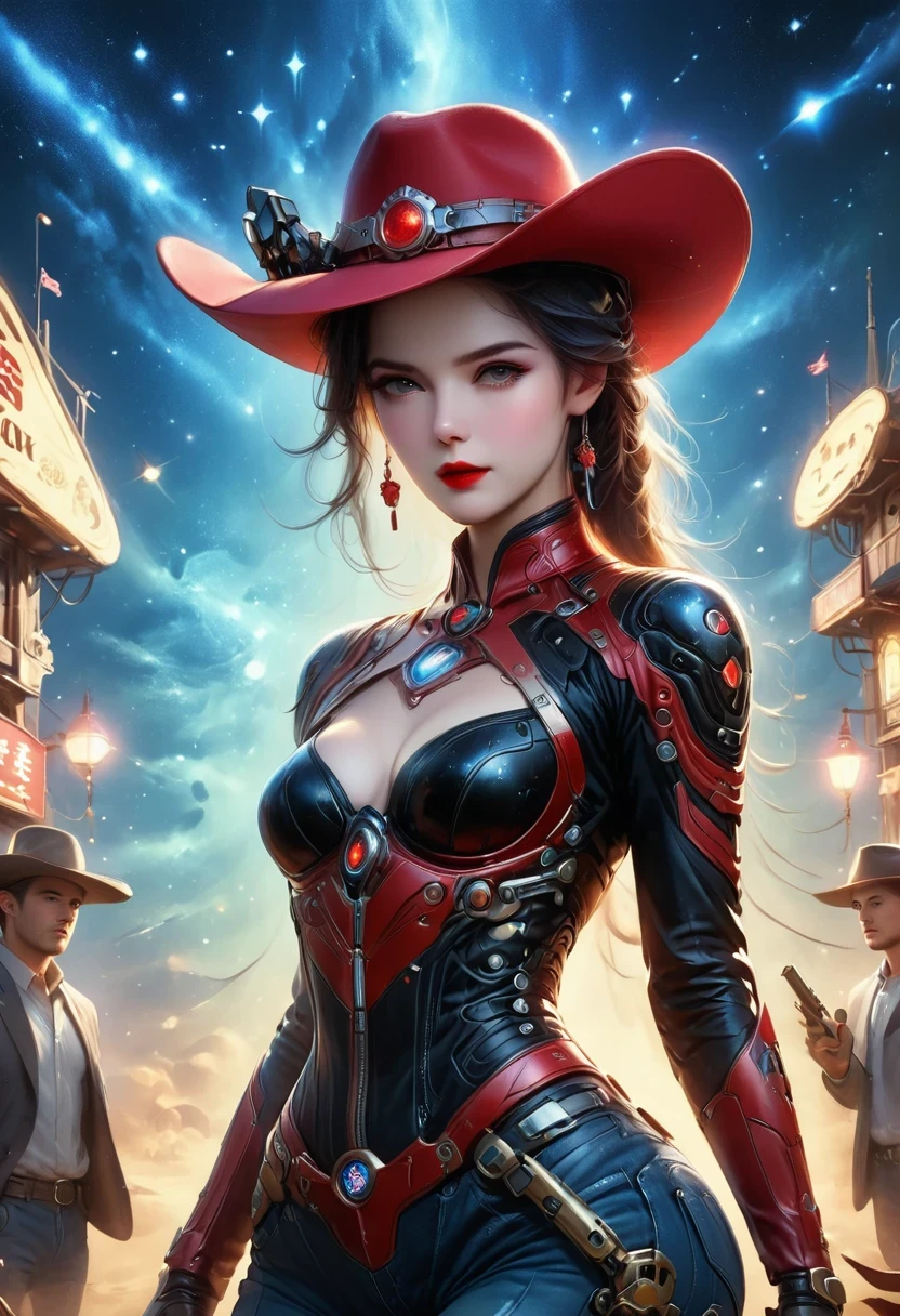 masterpiece, pale skin, red lips, light eyes, Eyeshadow, Front view of a beautiful woman wearing a stylish cowboy hat，Cyberpunk cowboy in interstellar tavern，Futuristic starry sky background，Alien Technology，Mechanical Cowboy，Wearing a red and black mechanical suit, Mafia style mechanical suit,Wearing a stylish cowboy hat，Jeans and high heels, Very detailed body, Alien Technology in detail, Chiaroscuro, Natural light, Very detailed, 
