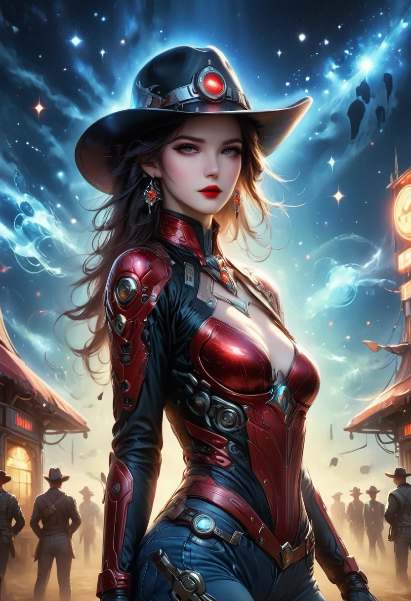 masterpiece, pale skin, red lips, light eyes, Eyeshadow, Front view of a beautiful woman wearing a stylish cowboy hat,Cyberpunk cowboy in interstellar tavern,Futuristic starry sky background,Alien Technology,Mechanical Cowboy,Wearing a red and black mechanical suit, Mafia style mechanical suit,Wearing a stylish cowboy hat,Jeans and high heels, Very detailed body, Alien Technology in detail, Chiaroscuro, Natural light, Very detailed,