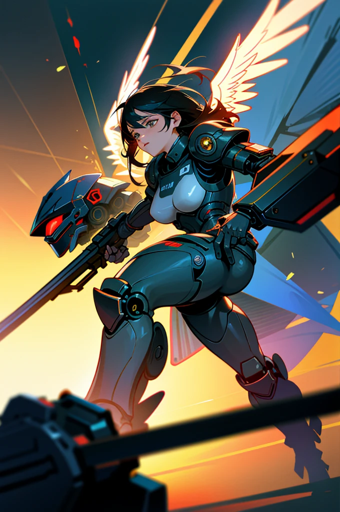 a woman,(has mechanical angel wings),fire her guns flamboyantly, elite law enforcement unit tasked with maintaining order in cyberpunk City,advanced cybernetic enhancements, heavily armored exoskeletons, high-tech weaponry,operatives are highly trained and equipped to handle the most dangerous situations, she is a formidable presence in the city, holding a gun,black helmet,,night time,beautiful lighting, volumetric lighting, dynamic angle, (photographic portrait), sharp,looking at viewer,