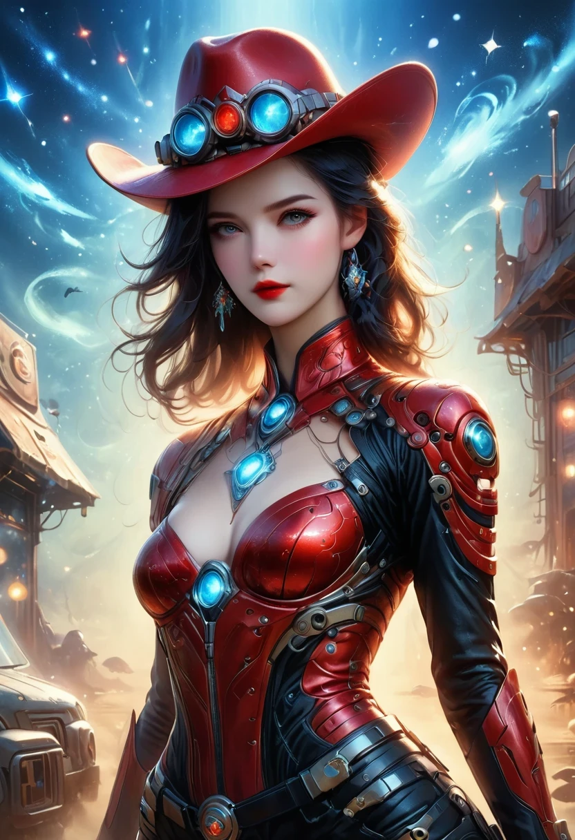 masterpiece, pale skin, red lips, light eyes, Eyeshadow, Front view of a beautiful woman wearing a stylish cowboy hat，Cyberpunk cowboy in interstellar tavern，Futuristic starry sky background，Alien Technology，Mechanical Cowboy，Wearing a red and black mechanical suit, Mafia style mechanical suit,Wearing a stylish cowboy hat，Jeans and high heels, Very detailed body, Alien Technology in detail, Chiaroscuro, Natural light, Very detailed, 