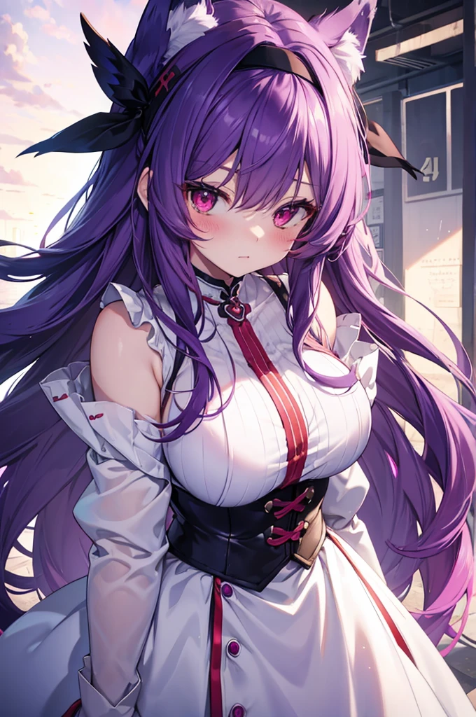 Fox Girl, Big Breasts, Voluminous purple hair, masterpiece , Red eyes、Blushed cheeks、 hd, from head to chest, buried in my chest、Underbust、piece、headband on head